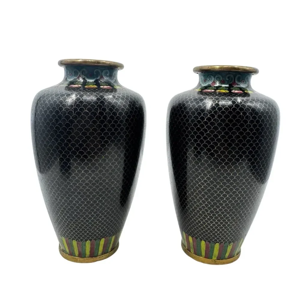 Pair of Black Chinese Cloisonné Vases Enameled Brass 6.5in Tall Fishscale Floral